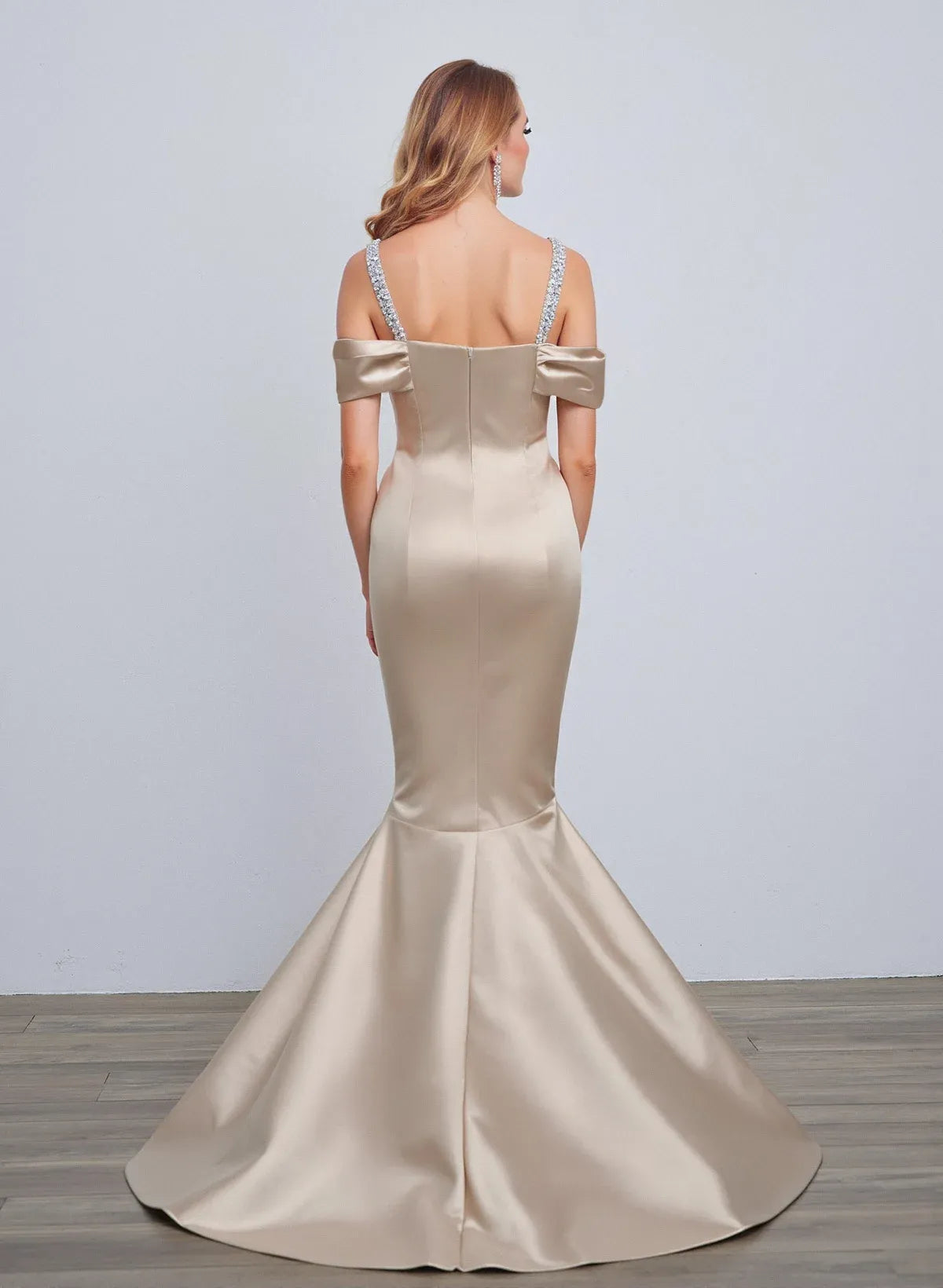 Mermaid Off-Shoulder Crystal Straps Trumpet Champagne Prom Dress