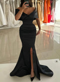 Black Mermaid Off-Shoulder Ruched Slit Prom Dress With Sweep Train