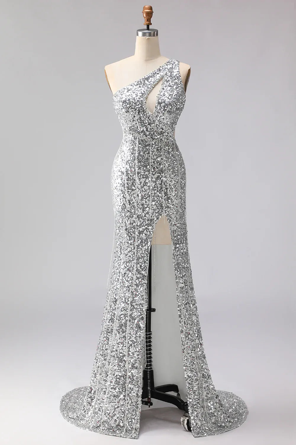 Silver Mermaid One-Shoulder Cut Out Prom Dress With Fringe