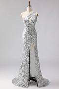 Silver Mermaid One-Shoulder Cut Out Prom Dress With Fringe