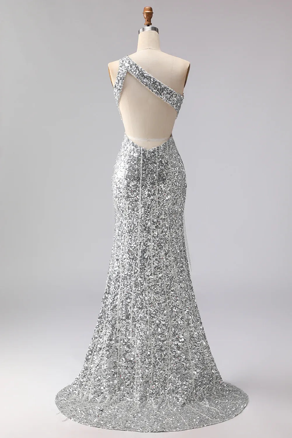 Silver Mermaid One-Shoulder Cut Out Prom Dress With Fringe