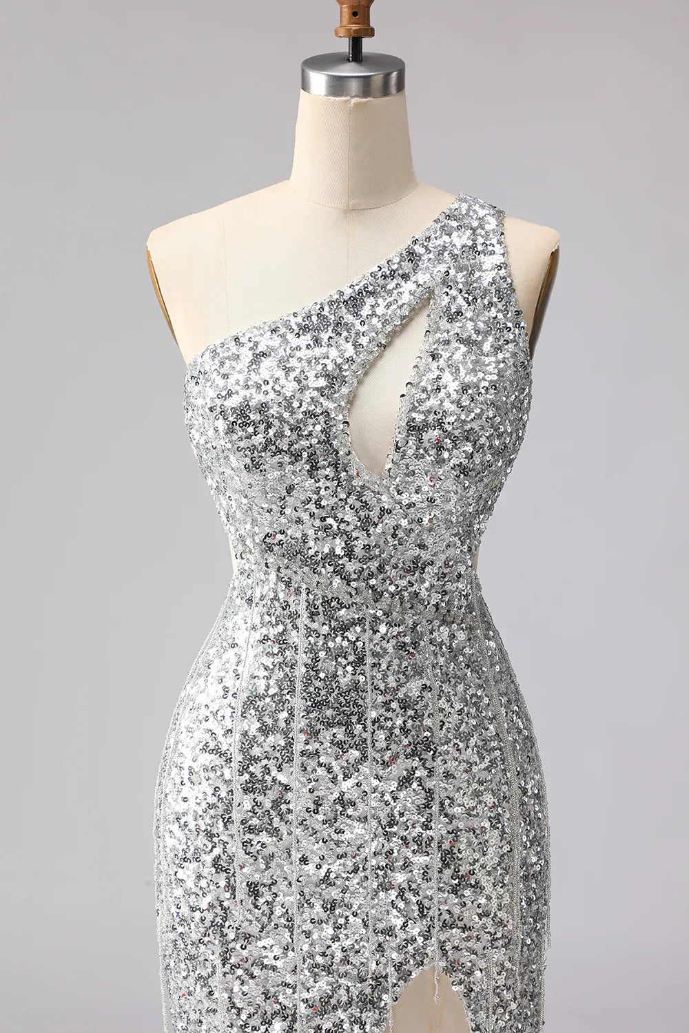 Silver Mermaid One-Shoulder Cut Out Prom Dress With Fringe