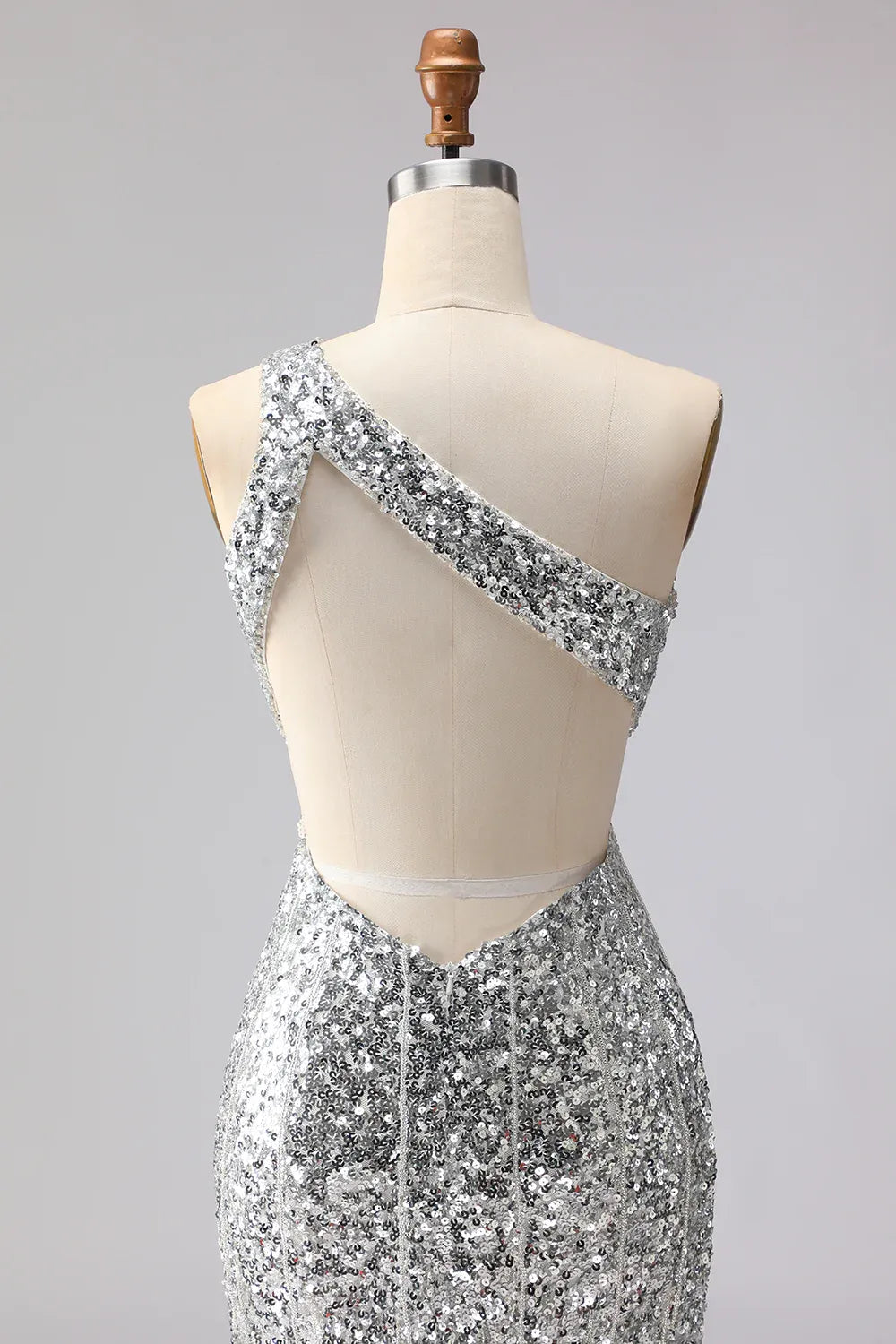 Silver Mermaid One-Shoulder Cut Out Prom Dress With Fringe
