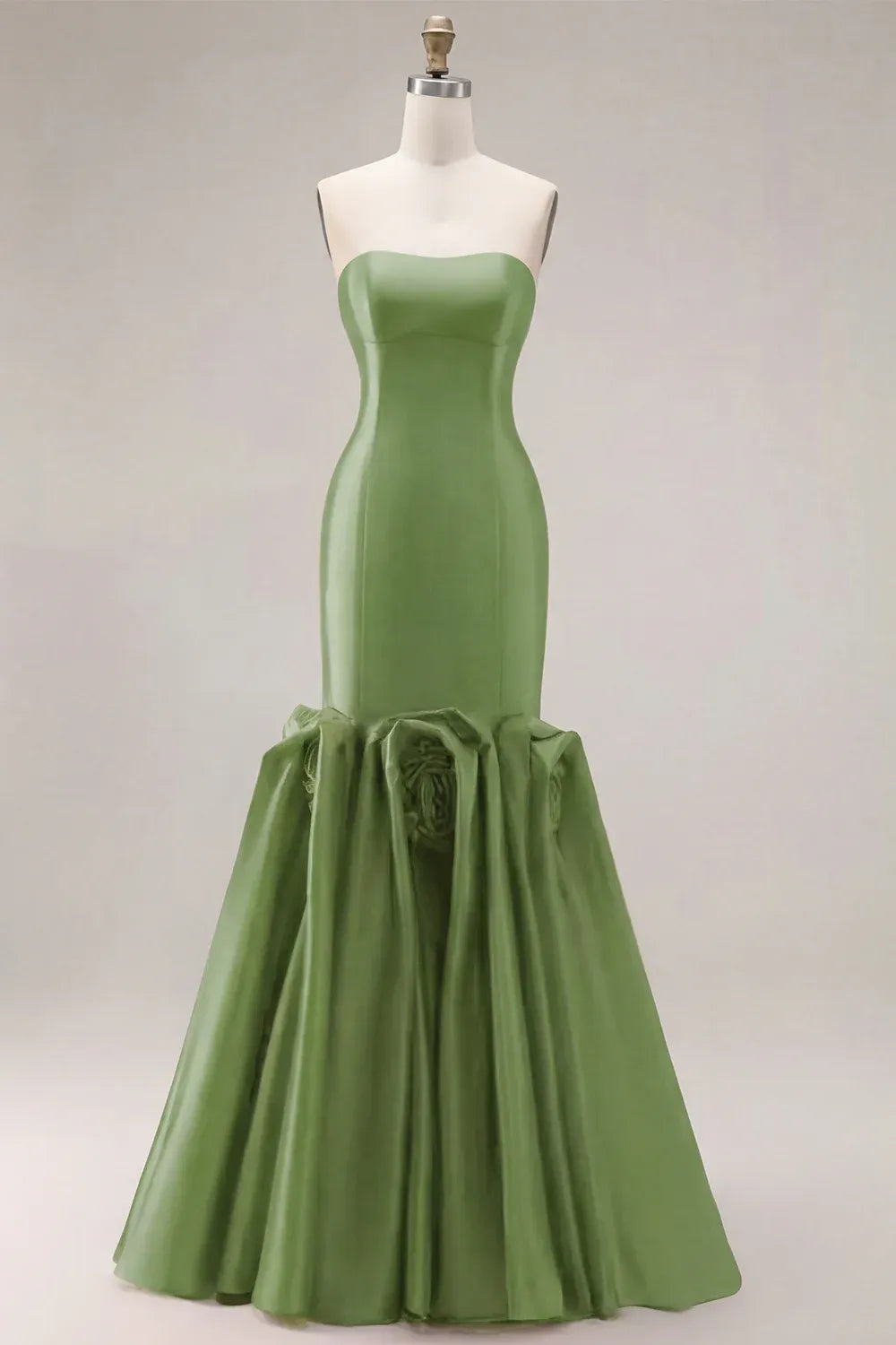 Green Mermaid Strapless 3D Flowers Olive Long Prom Dress Custom