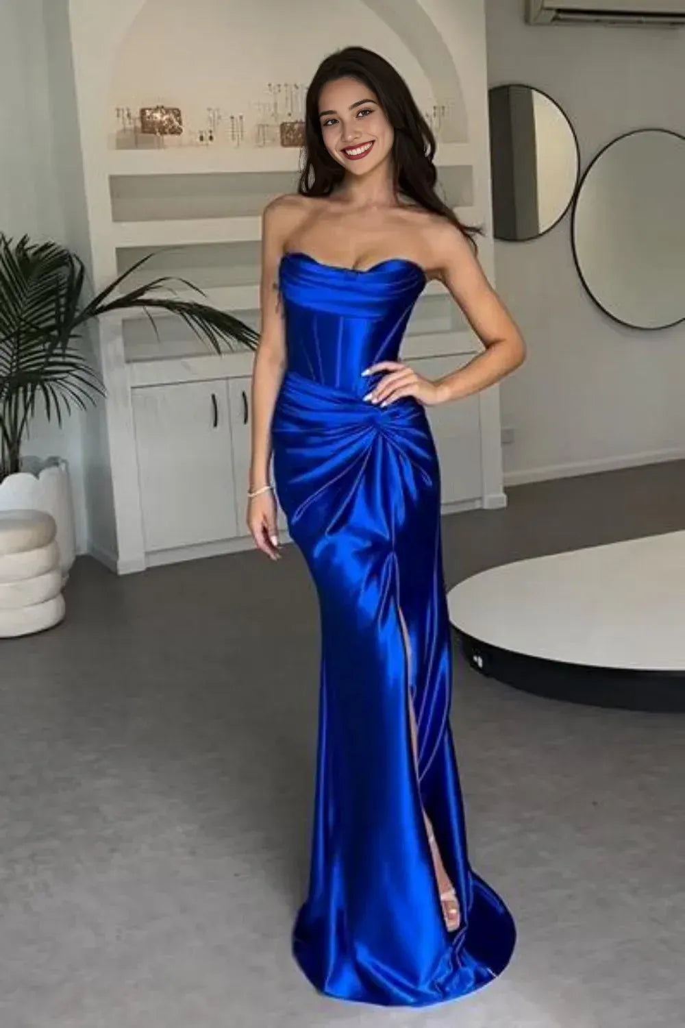 Sophisticated Graceful Stylish Refined Beautiful Elegant Satin Mermaid Strapless Floor-Length Prom Dress