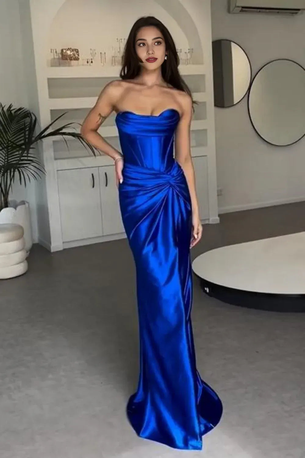 Sophisticated Graceful Stylish Refined Beautiful Elegant Satin Mermaid Strapless Floor-Length Prom Dress