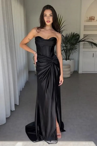 Sophisticated Graceful Stylish Refined Beautiful Elegant Satin Mermaid Strapless Floor-Length Prom Dress