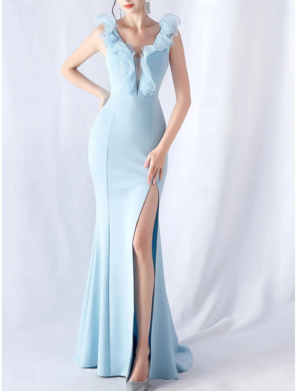 Sky Blue Mermaid V-Neck Ruffle Sky Maxi Prom Dress With Slit
