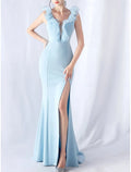 Sky Blue Mermaid V-Neck Ruffle Sky Maxi Prom Dress With Slit