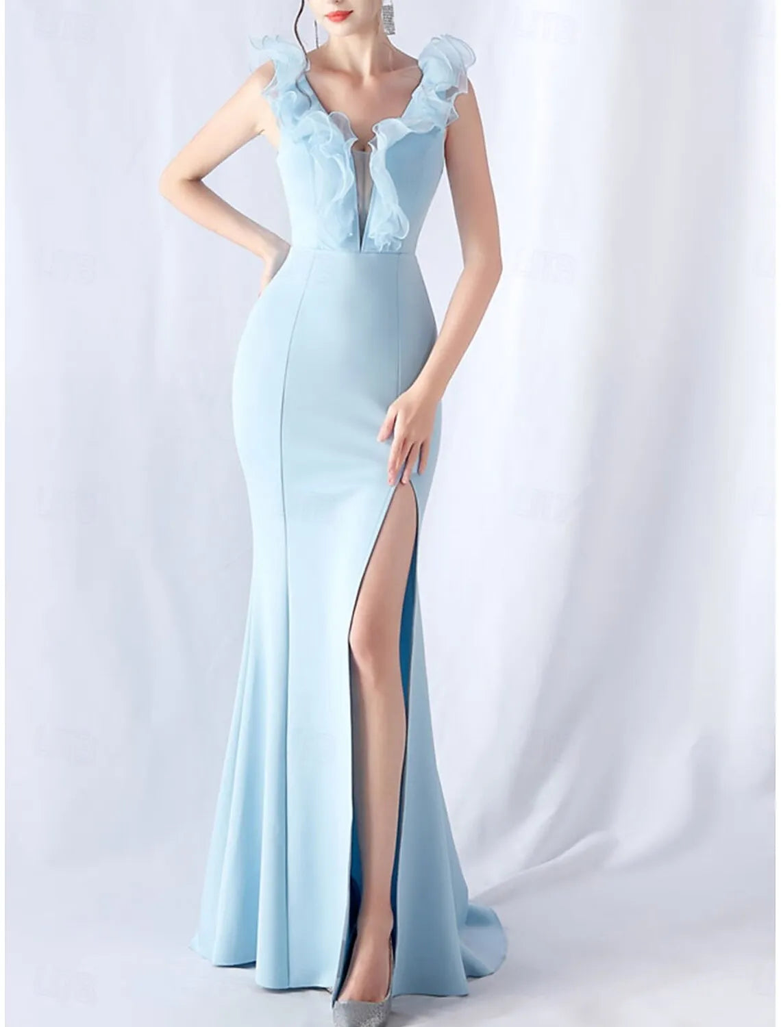 Sky Blue Mermaid V-Neck Ruffle Sky Maxi Prom Dress With Slit