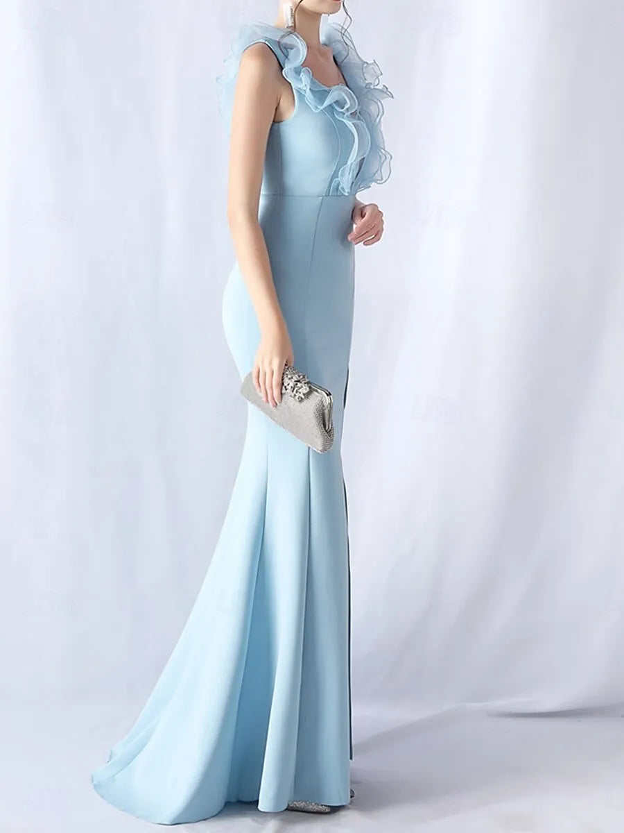Sky Blue Mermaid V-Neck Ruffle Sky Maxi Prom Dress With Slit