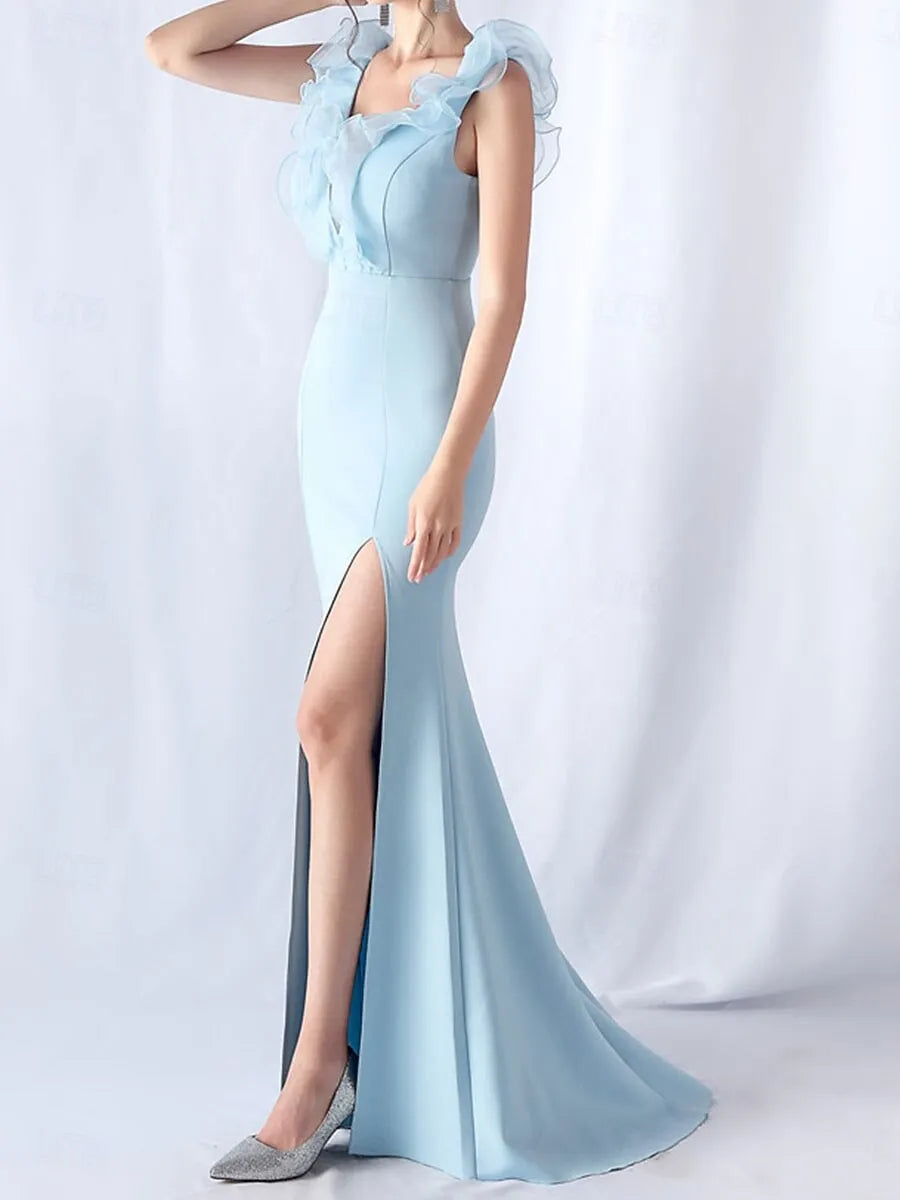 Sky Blue Mermaid V-Neck Ruffle Sky Maxi Prom Dress With Slit