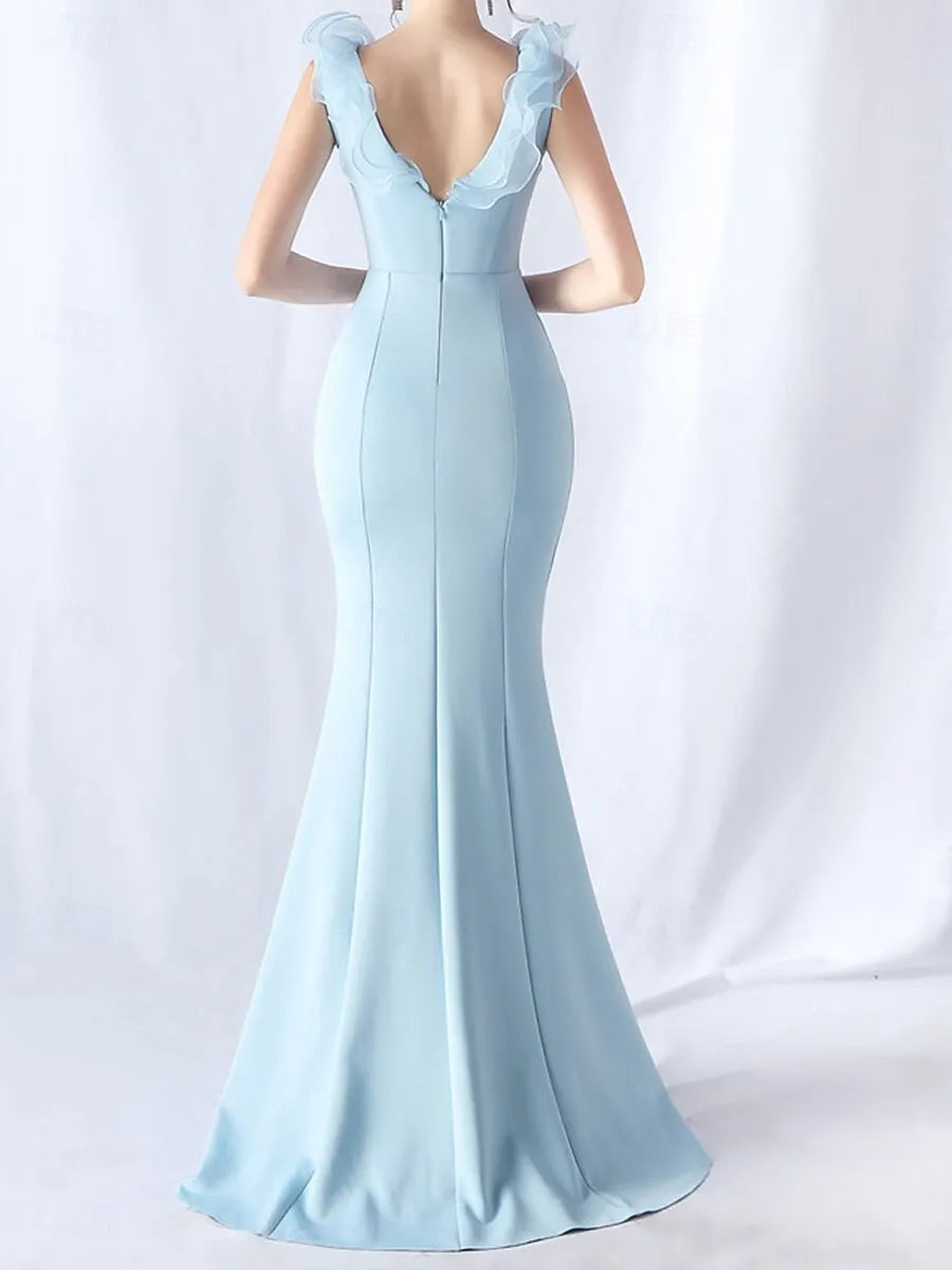 Sky Blue Mermaid V-Neck Ruffle Sky Maxi Prom Dress With Slit
