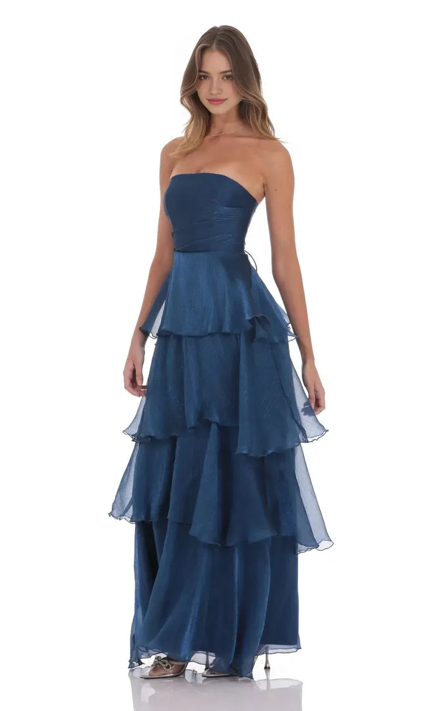 Navy Blue Prom Gown with Strapless Design and Tiered Ruffle Silhouette Suited for Memorable Prom Occasions