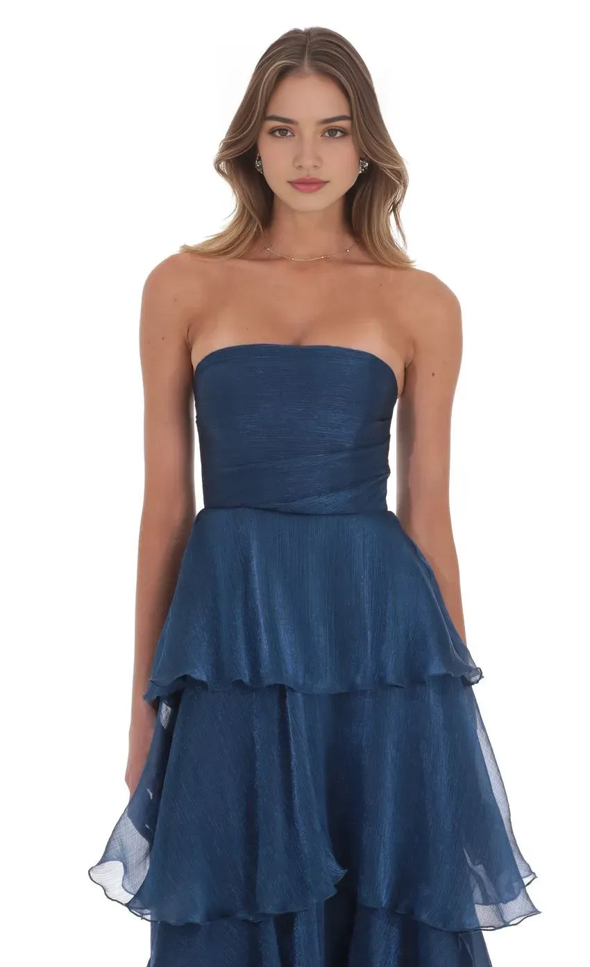 Navy Blue Prom Gown with Strapless Design and Tiered Ruffle Silhouette Suited for Memorable Prom Occasions