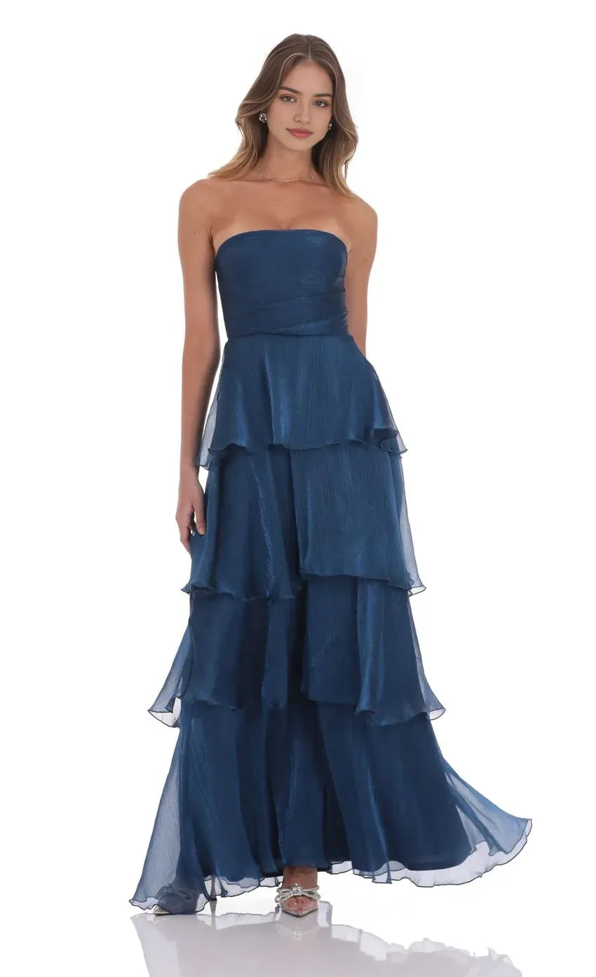 Navy Blue Prom Gown with Strapless Design and Tiered Ruffle Silhouette Suited for Memorable Prom Occasions