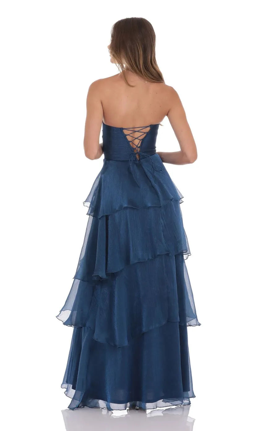 Navy Blue Prom Gown with Strapless Design and Tiered Ruffle Silhouette Suited for Memorable Prom Occasions
