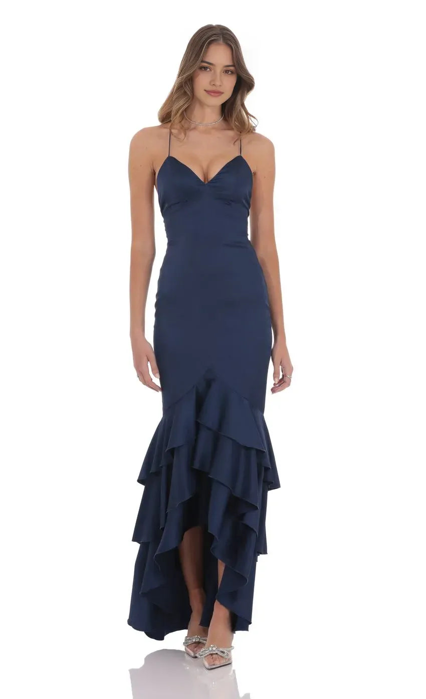 Navy Prom Dress with Plunging Neckline Spaghetti Straps Tiered Ruffle Train Elevate Your Prom Look