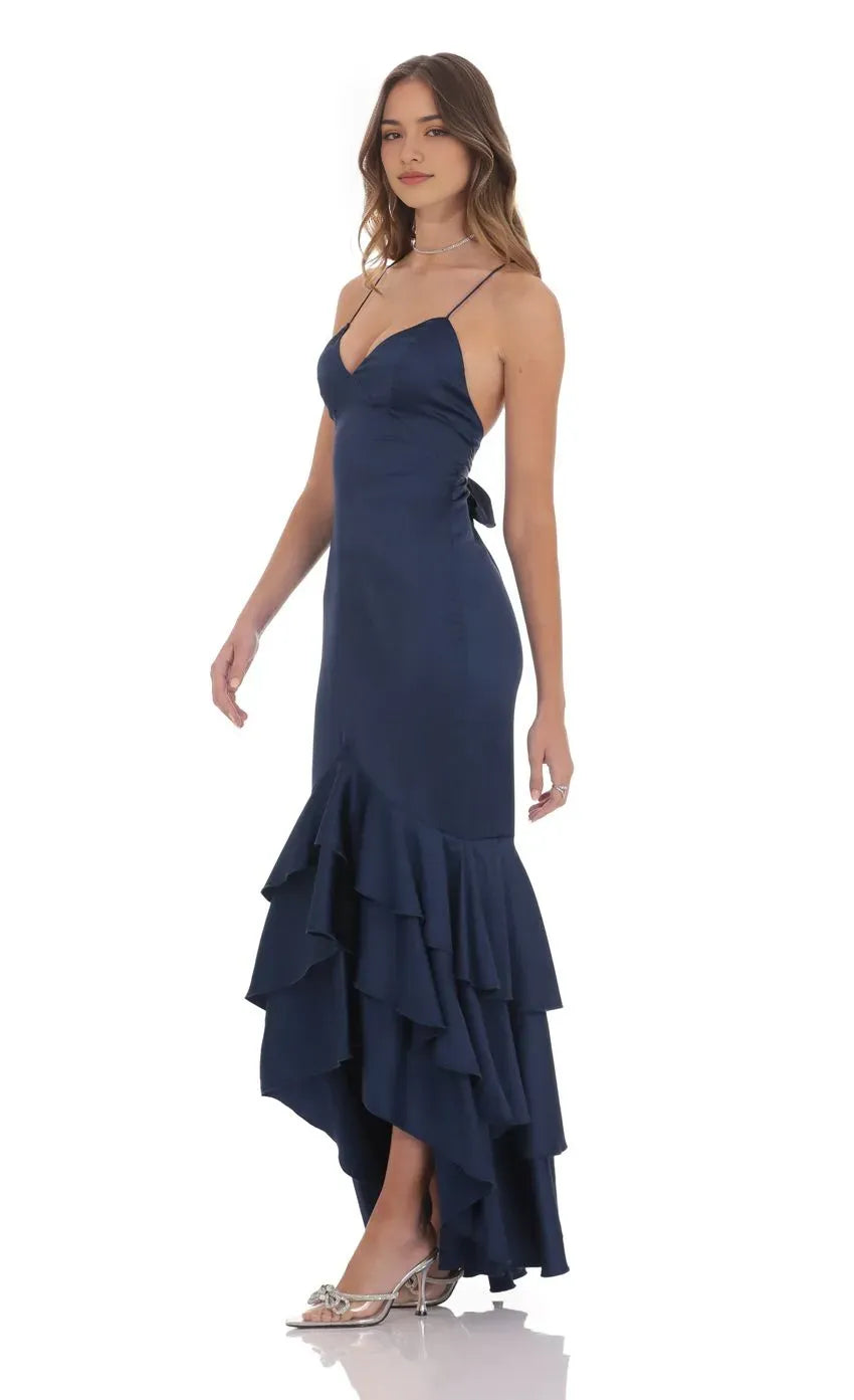 Navy Prom Dress with Plunging Neckline Spaghetti Straps Tiered Ruffle Train Elevate Your Prom Look