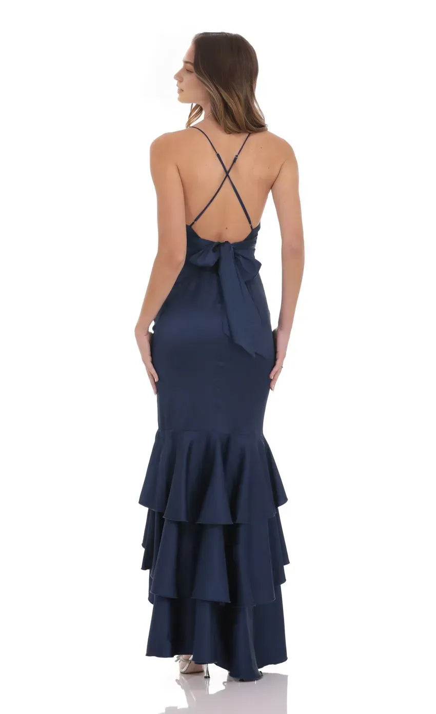 Navy Prom Dress with Plunging Neckline Spaghetti Straps Tiered Ruffle Train Elevate Your Prom Look