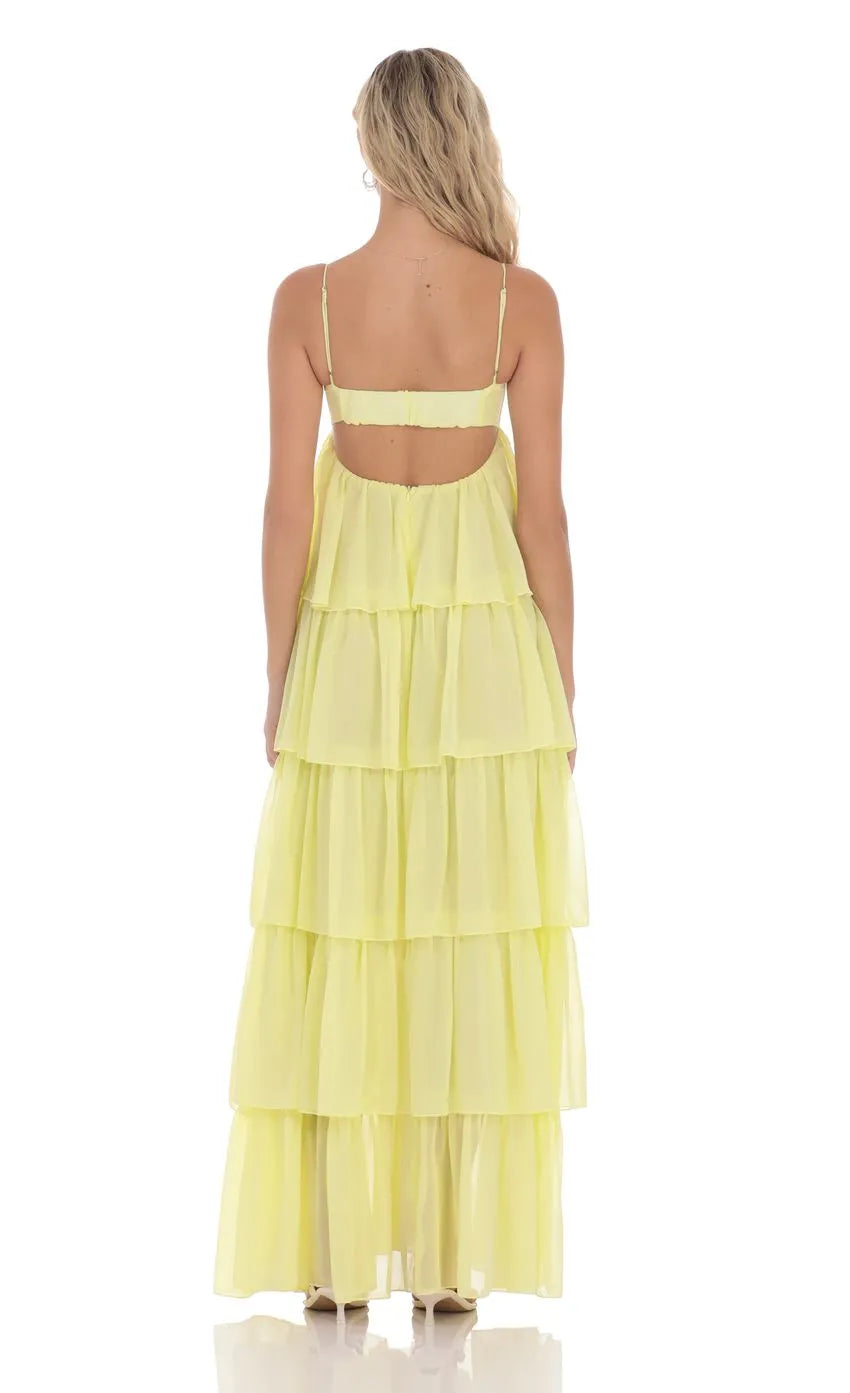 Yellow Neon Yellow Prom Gown with Spaghetti Straps Bow Cutout Tie Ruffle Skirt Suited for Memorable Prom Nights