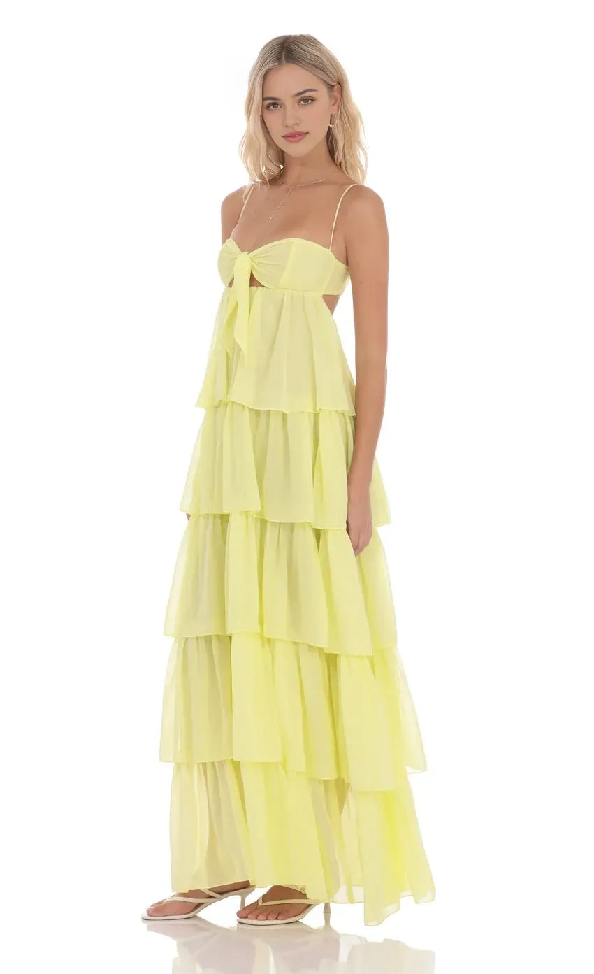 Yellow Neon Yellow Prom Gown with Spaghetti Straps Bow Cutout Tie Ruffle Skirt Suited for Memorable Prom Nights