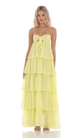 Yellow Neon Yellow Prom Gown with Spaghetti Straps Bow Cutout Tie Ruffle Skirt Suited for Memorable Prom Nights
