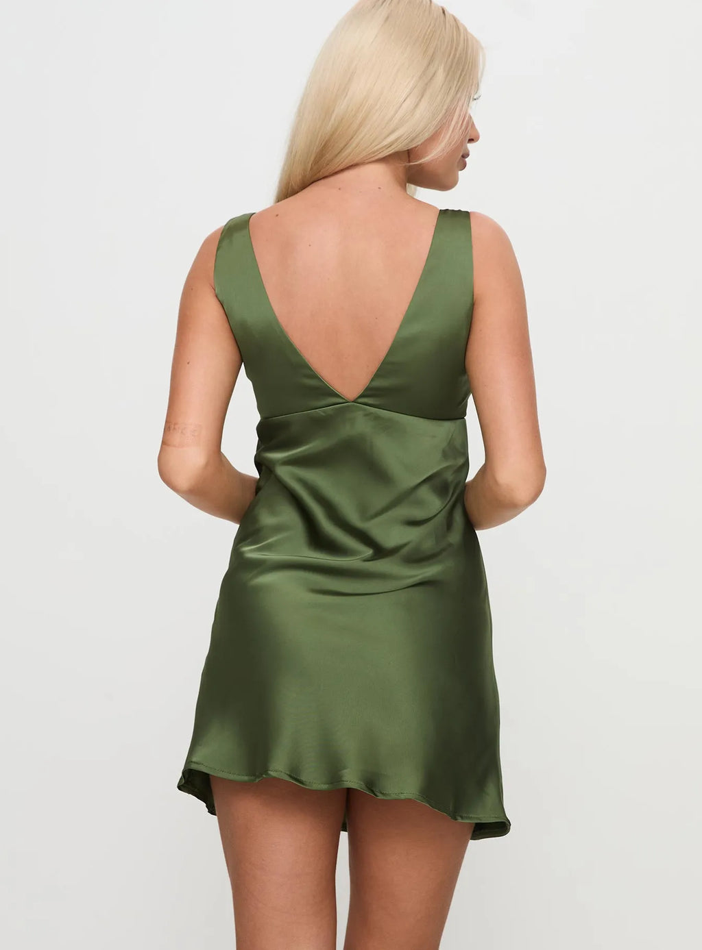 Green Olive V-Neck Homecoming Dress Finish Sleeveless Ruched Tie Detail Flattering Fit for School Dances and Young Women¡¯s Celebrations