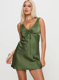 Green Olive V-Neck Homecoming Dress Finish Sleeveless Ruched Tie Detail Flattering Fit for School Dances and Young Women¡¯s Celebrations