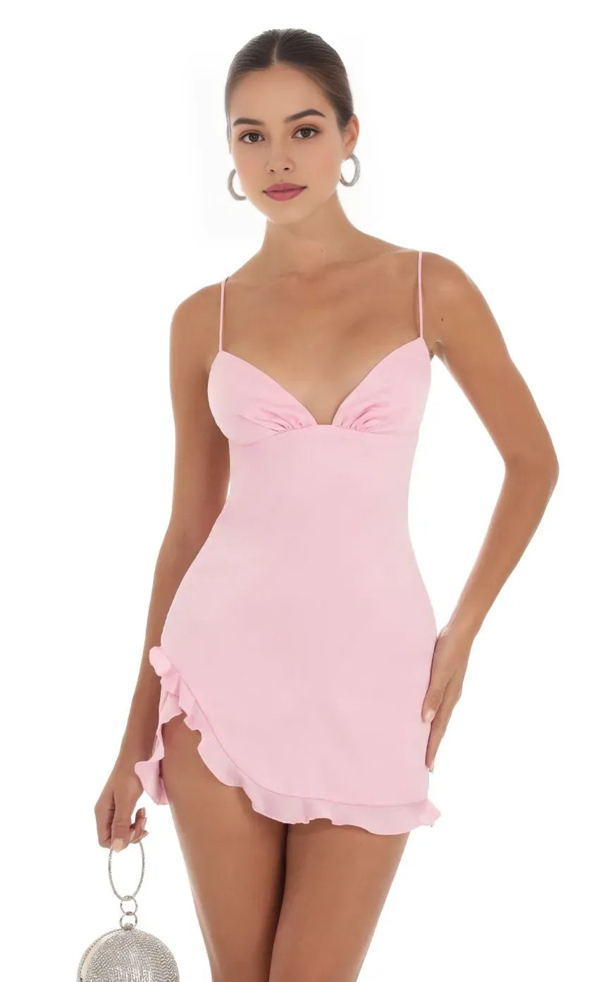 Pink Spaghetti Strap Homecoming Gown Deep V - Neck Asymmetric Ruffled Hem Figure Hugging Fit A Must Have for Creating a Stunning Look at Teenage School Events