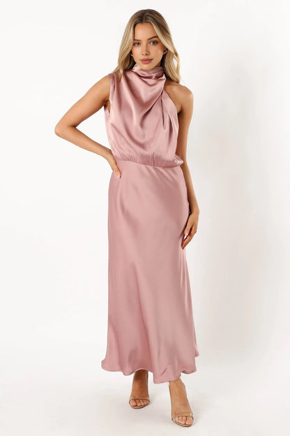 Stylish Refined Beautiful Elegant Blush Pink Satin Sheath Halter Sleeveless Prom Dress