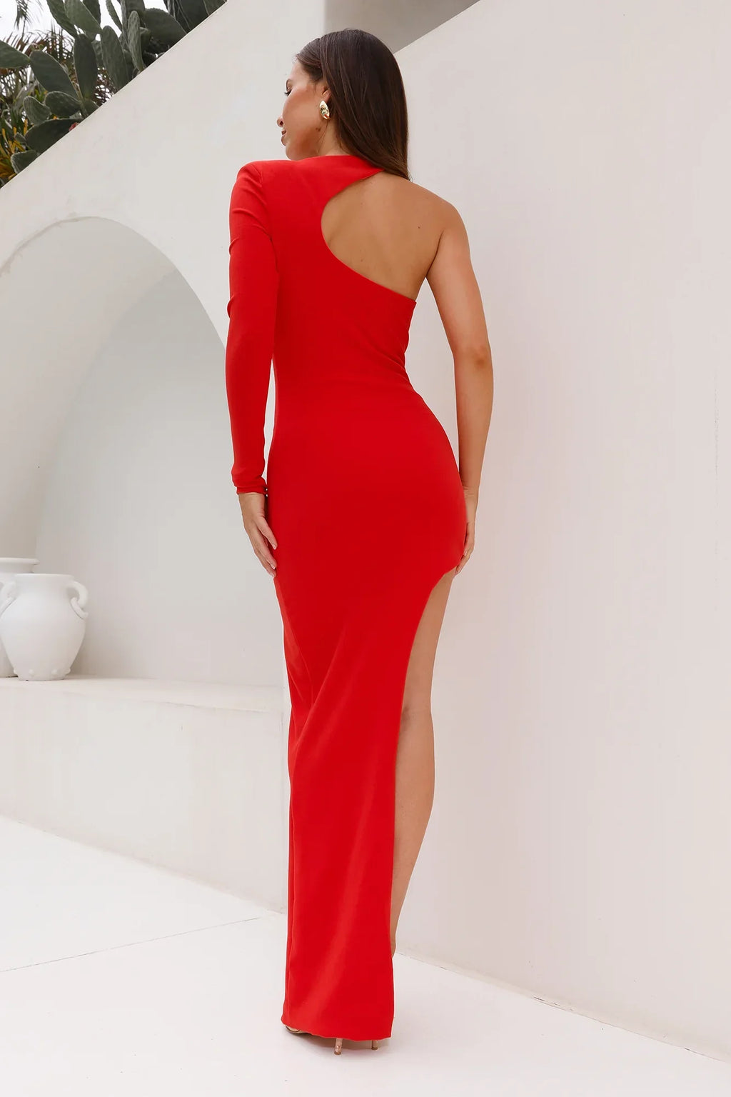 Sheath Halter One Long Sleeve Cutout Tangerine High Low Prom Dress
