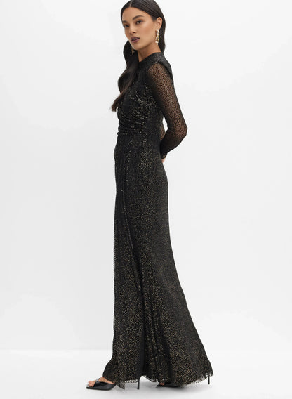 Special Occasion Elegant Black Glitter Sheath High Neck Long Sleeve Floor-Length Prom Dress