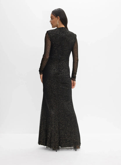 Special Occasion Elegant Black Glitter Sheath High Neck Long Sleeve Floor-Length Prom Dress