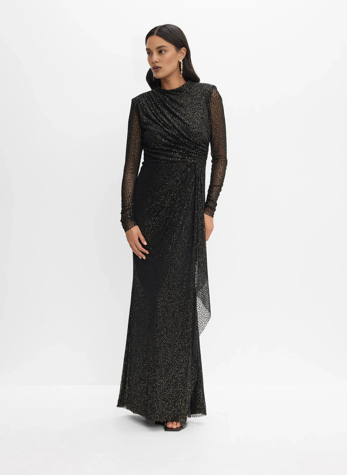 Special Occasion Elegant Black Glitter Sheath High Neck Long Sleeve Floor-Length Prom Dress