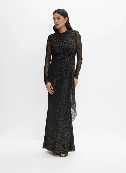 Special Occasion Elegant Black Glitter Sheath High Neck Long Sleeve Floor-Length Prom Dress