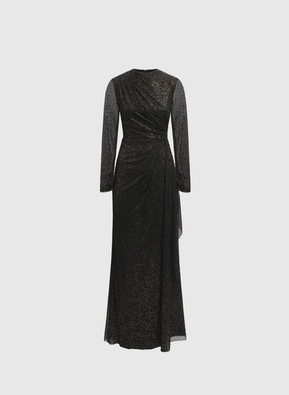 Special Occasion Elegant Black Glitter Sheath High Neck Long Sleeve Floor-Length Prom Dress