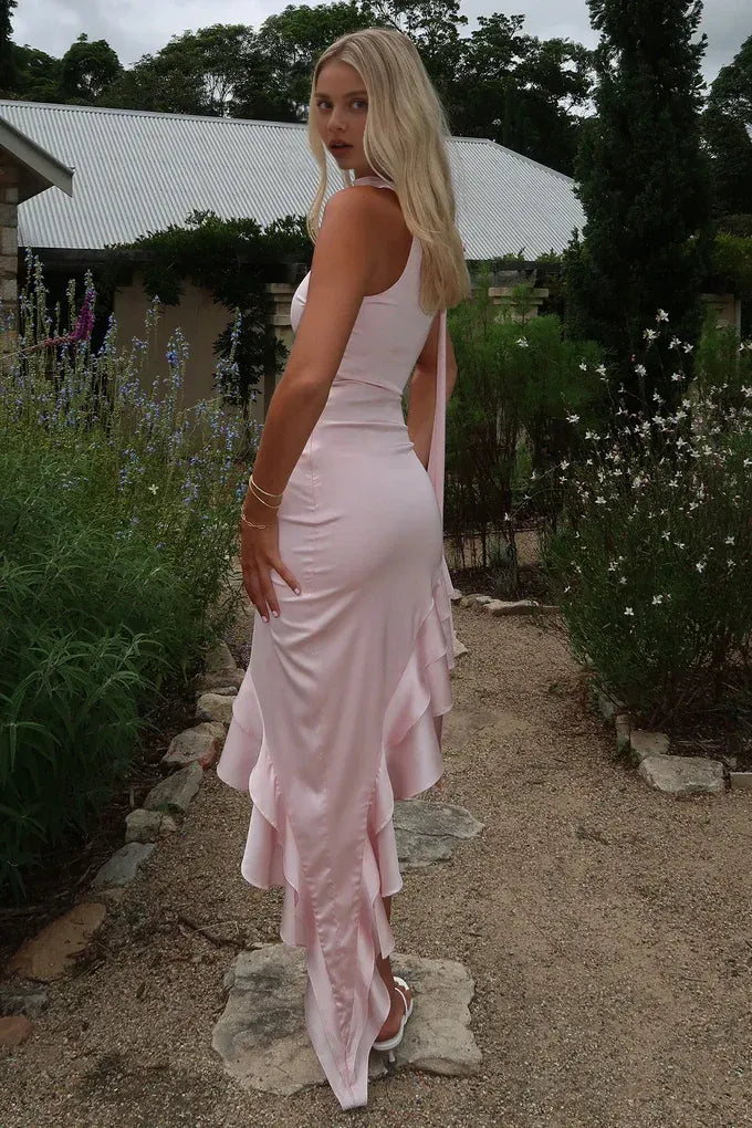 Graceful Stylish Refined Elegant Blush Pink Satin Sheath Asymmetric Sleeveless Prom Dress