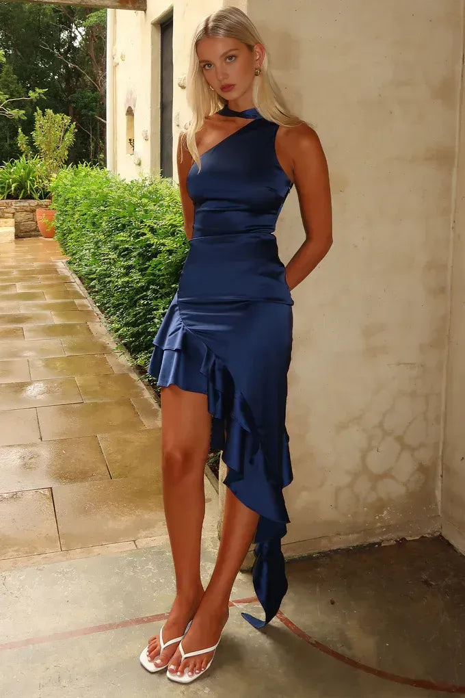 Graceful Stylish Refined Elegant Blush Pink Satin Sheath Asymmetric Sleeveless Prom Dress