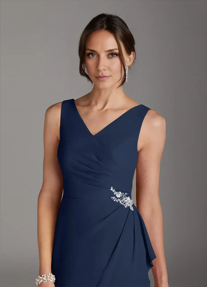 Elegant Navy Blue Sheath V-Neck Sleeveless Knee-Length Mother of the Bride Dress