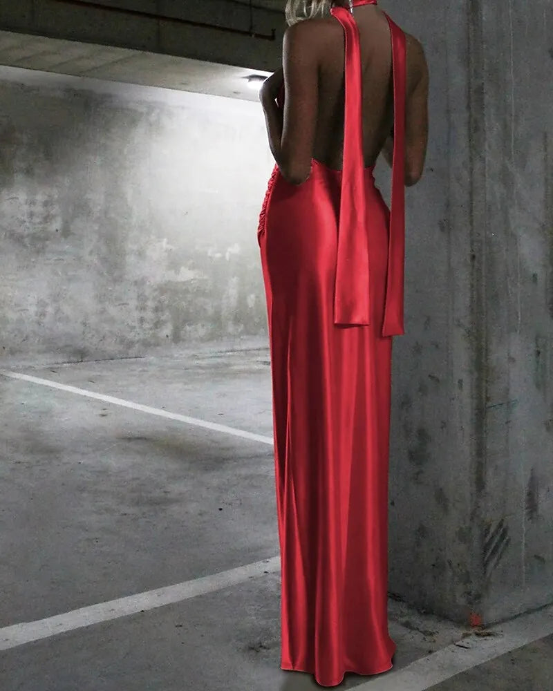 Black Sultry Mermaid Halter Cowl Neck Open Back Slit Prom Dress