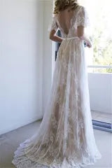 Summer V neck Cap sleeveles Beach Wedding Dress