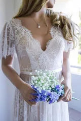Summer V neck Cap sleeveles Beach Wedding Dress