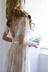 Summer V neck Cap sleeveles Beach Wedding Dress