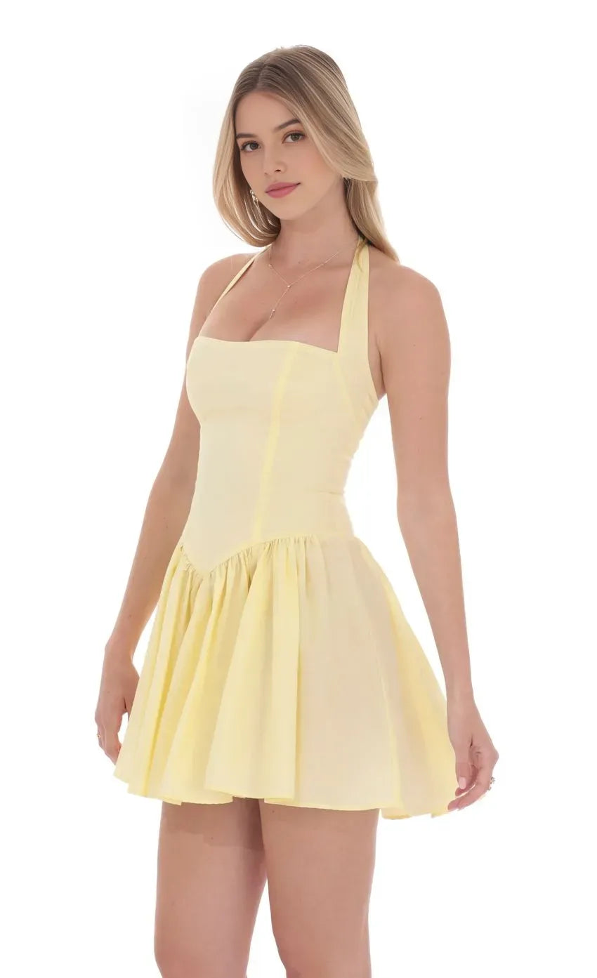 Yellow Sunny Yellow Halter Neck Homecoming Dress with Corset Inspi Bodice Twirl Ready Flared Skirt for a Whimsical School Dance Look