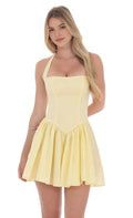 Yellow Sunny Yellow Halter Neck Homecoming Dress with Corset Inspi Bodice Twirl Ready Flared Skirt for a Whimsical School Dance Look