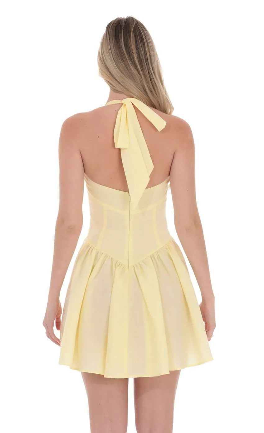 Yellow Sunny Yellow Halter Neck Homecoming Dress with Corset Inspi Bodice Twirl Ready Flared Skirt for a Whimsical School Dance Look