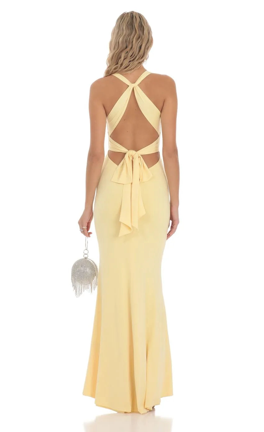 Yellow Sunny Halter Neck Prom Dress with Twist Front Detail Bodycon Fit and Floor Length Silhouette