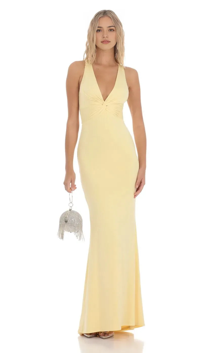 Yellow Sunny Halter Neck Prom Dress with Twist Front Detail Bodycon Fit and Floor Length Silhouette