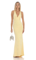 Yellow Sunny Halter Neck Prom Dress with Twist Front Detail Bodycon Fit and Floor Length Silhouette